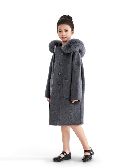 kids atelier tulleen Gray Wool Coat with Faux Fur Hood
