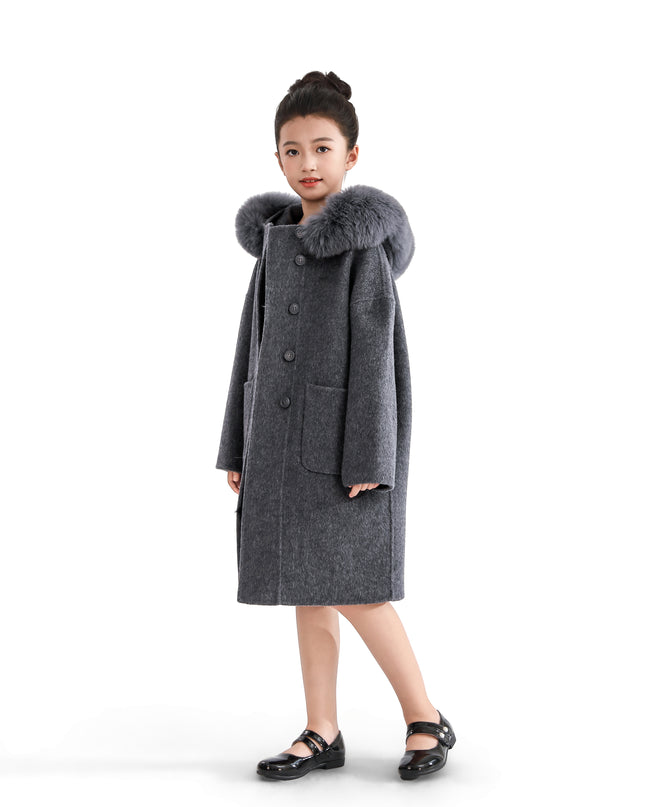 kids atelier tulleen Gray Wool Coat with Faux Fur Hood