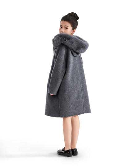 kids atelier tulleen Gray Wool Coat with Faux Fur Hood
