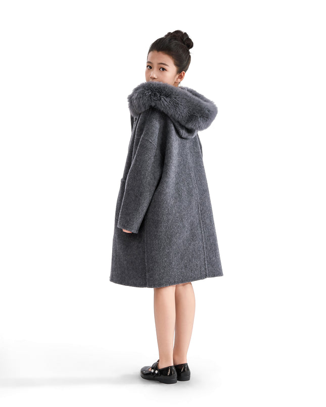 kids atelier tulleen Gray Wool Coat with Faux Fur Hood