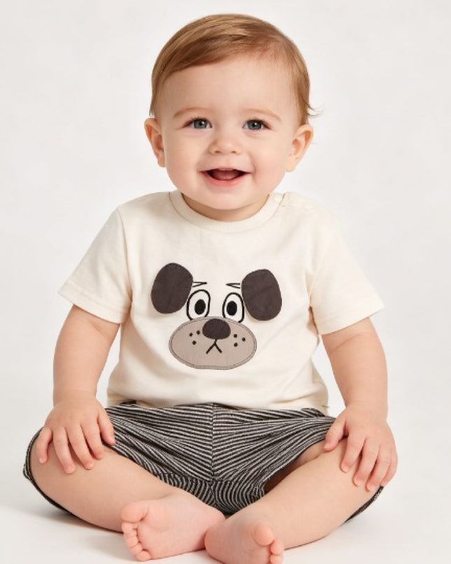 kids atelier banblu Beige Dog Stripe Set