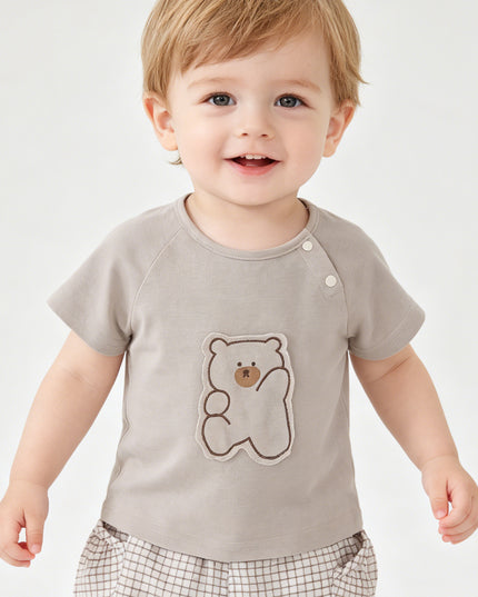 kids atelier banblu Beige Bear Shirt & Checkered Shorts Set
