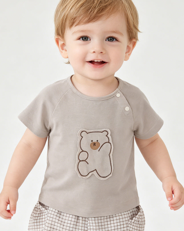 kids atelier banblu Beige Bear Shirt & Checkered Shorts Set