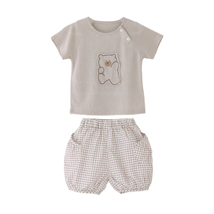 kids atelier banblu Beige Bear Shirt & Checkered Shorts Set