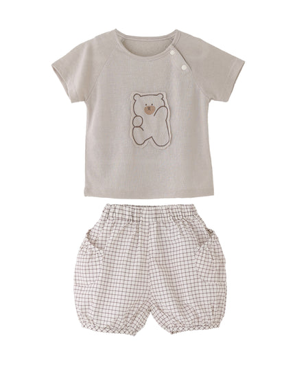 kids atelier banblu Beige Bear Shirt & Checkered Shorts Set