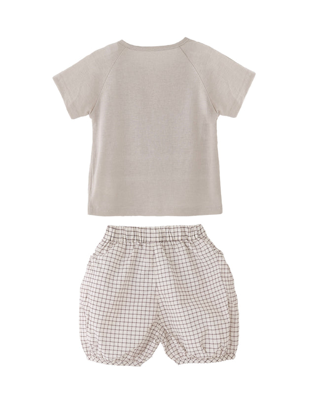 kids atelier banblu Beige Bear Shirt & Checkered Shorts Set
