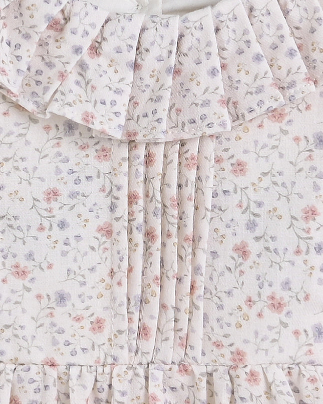 Cream Floral Ruffle Dress