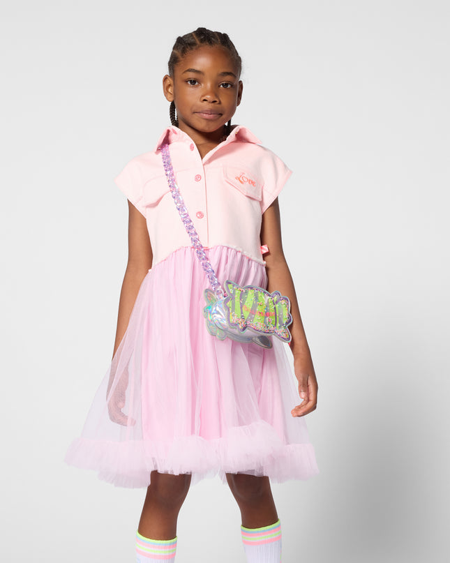 kids atelier billieblush Pink Shirt-Style Kids’ Dress with Tulle Skirt
