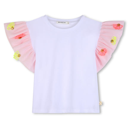 kids atelier billieblush White T‑Shirt with Pink Ruffled Floral Sleeves
