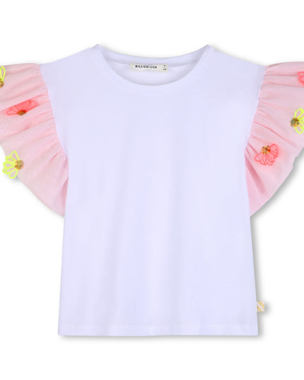 kids atelier billieblush White T‑Shirt with Pink Ruffled Floral Sleeves