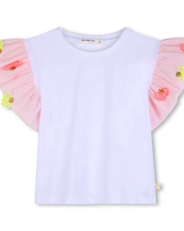 kids atelier billieblush White T‑Shirt with Pink Ruffled Floral Sleeves