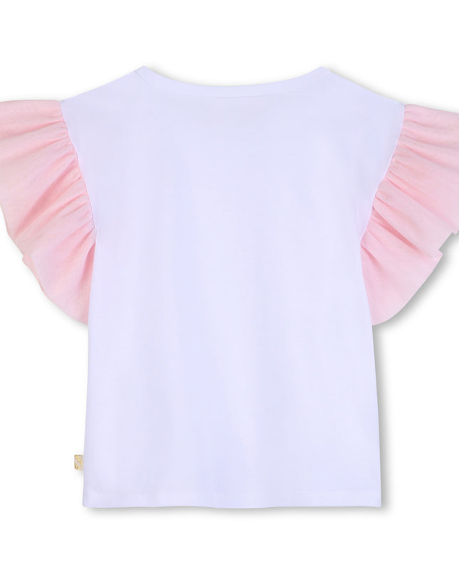 kids atelier billieblush White T‑Shirt with Pink Ruffled Floral Sleeves