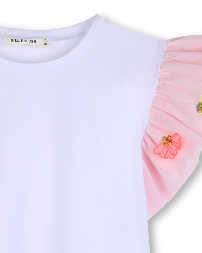 kids atelier billieblush White T‑Shirt with Pink Ruffled Floral Sleeves