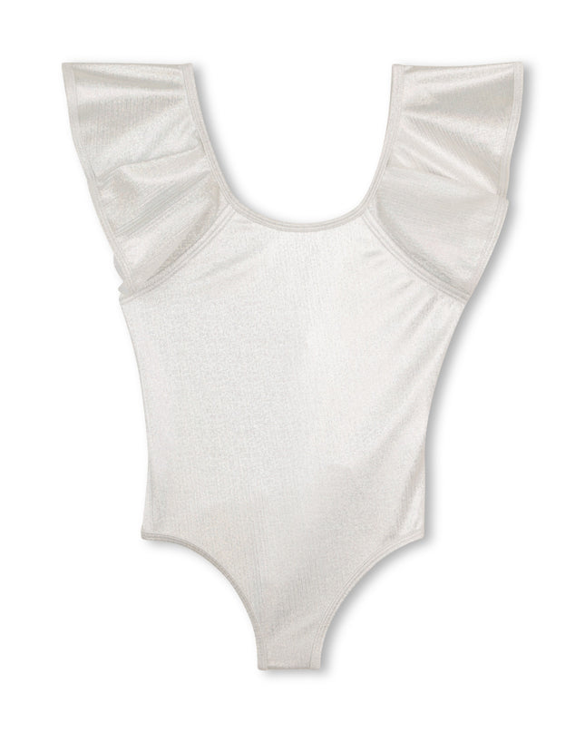kids atelier billieblush Lame Silver Swimsuit with Ruffle Sleeve