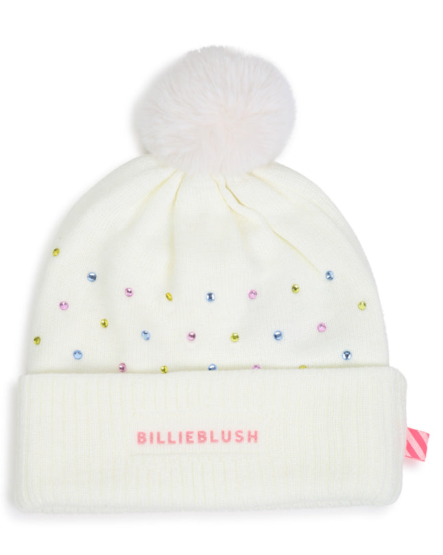 Kids Atelier Billieblush Ivory Rhinestone Pom Pom Beanie
