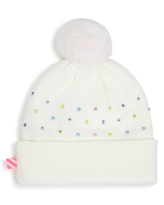 Kids Atelier Billieblush Ivory Rhinestone Pom Pom Beanie