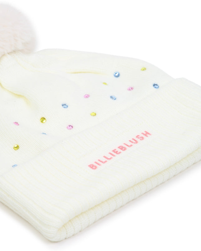 Kids Atelier Billieblush Ivory Rhinestone Pom Pom Beanie