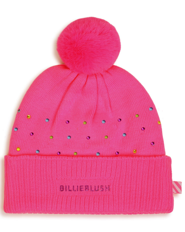 Kids Atelier Billieblush Pink Rhinestone Pom Pom Beanie