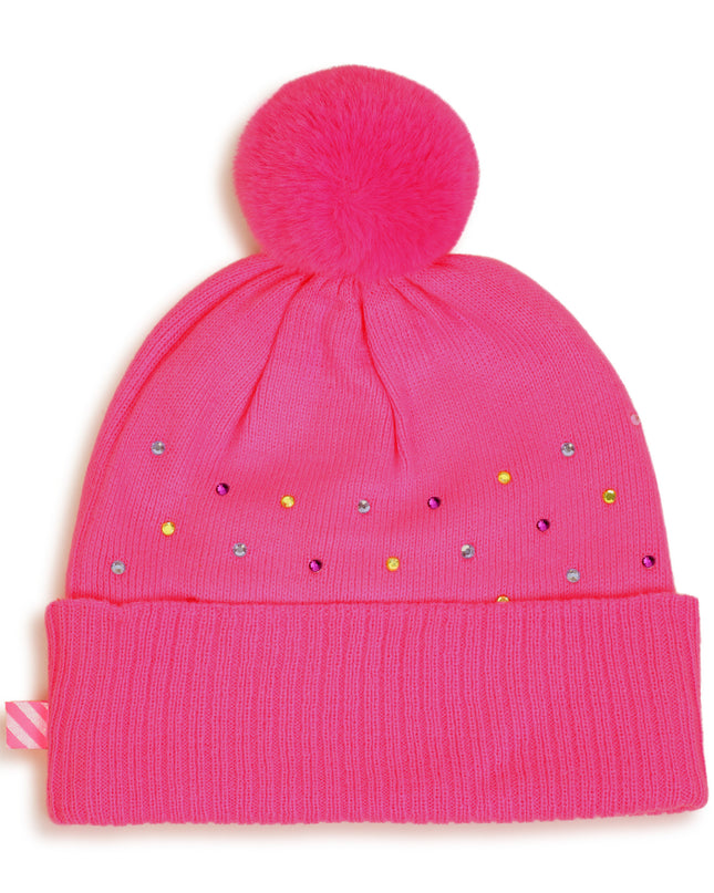 Kids Atelier Billieblush Pink Rhinestone Pom Pom Beanie