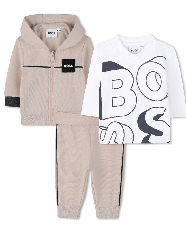 Kids Atelier-Boss-Baby Boys Beige & White Logo Tracksuit Set