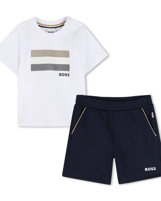 kids atelier boss White & Navy Graphic Short Set