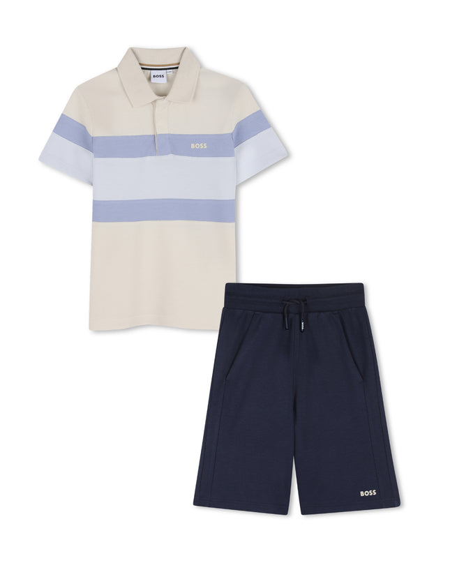 kids atelier boss Beige & Blue Striped Polo Set