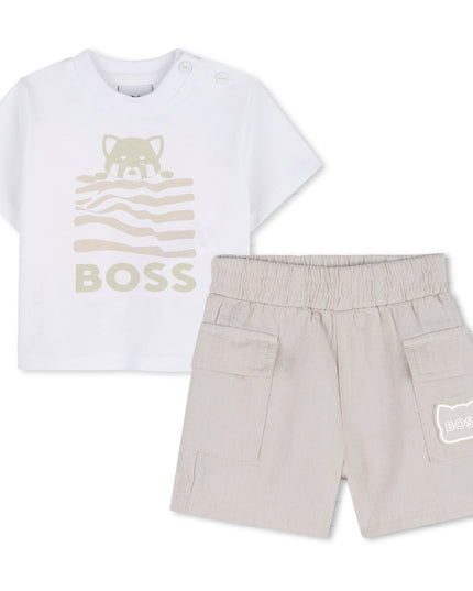 kids atelier boss White & Light Beige Graphic Baby Set