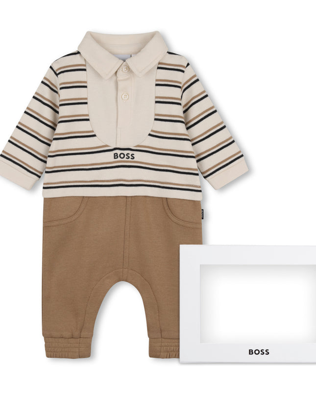kids atelier boss Beige Logo Baby One-Piece Set
