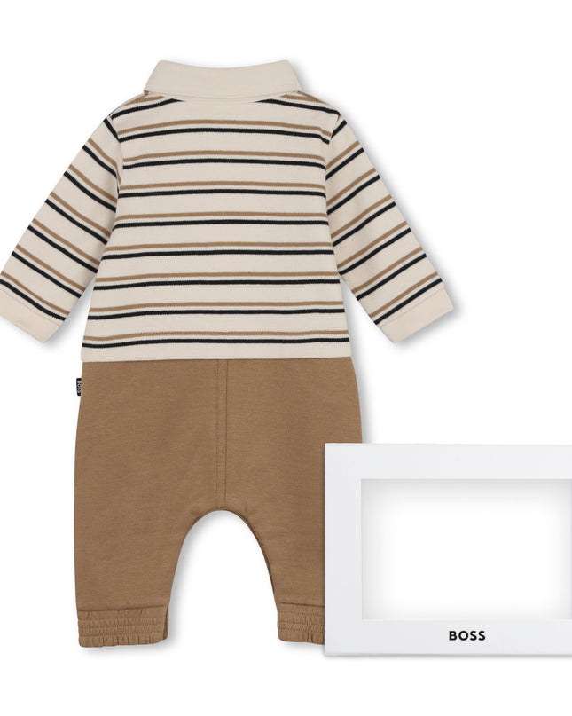 kids atelier boss Beige Logo Baby One-Piece Set