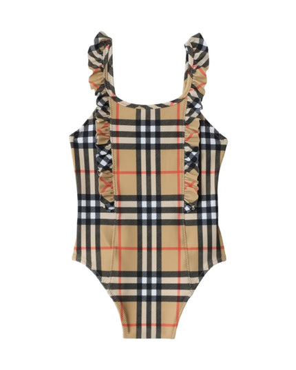 kids atelier burberry Ruffle Trim Check Swimsuit