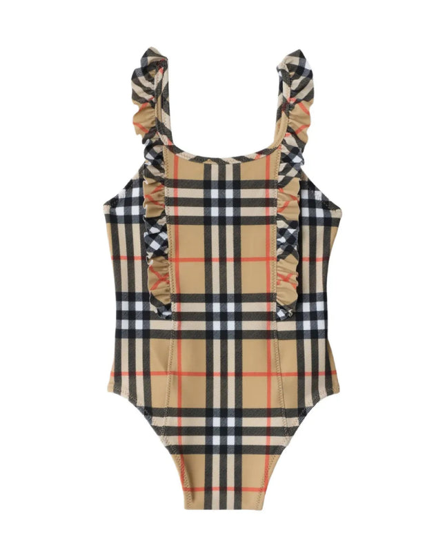 kids atelier burberry Ruffle Trim Check Swimsuit
