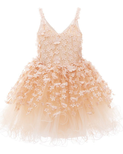 Peach Thin Strap Tulle Dress with Floral Appliqué