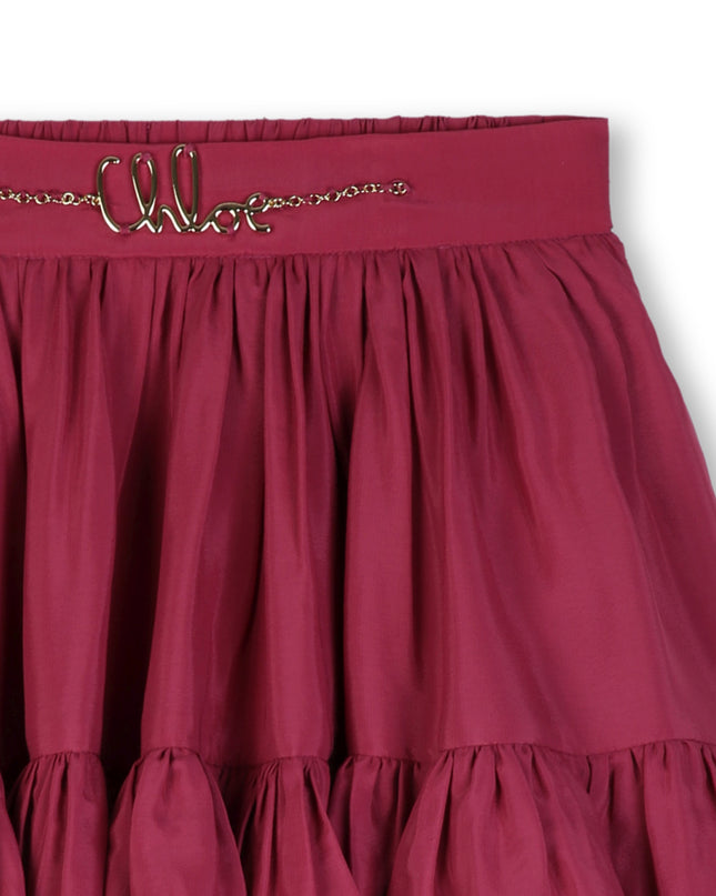 Kids Atelier Chloe Burgundy Ruffled Logo Skirt