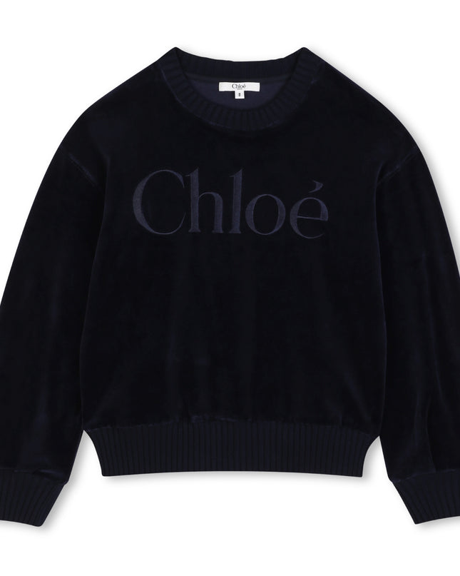 Kids Atelier Chloe Navy Velvet Logo Sweatshirt