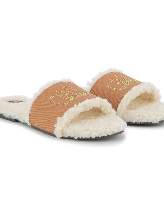 Kids Atelier Chloe Tan Shearling Logo Slides