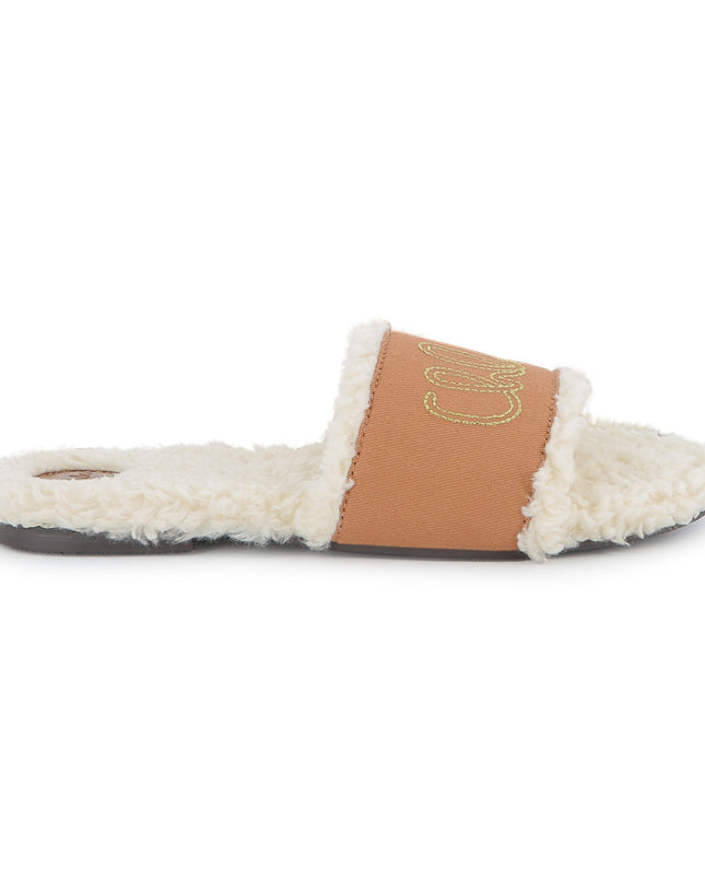 Kids Atelier Chloe Tan Shearling Logo Slides