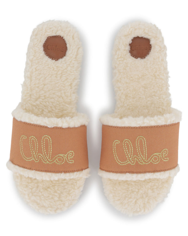 Kids Atelier Chloe Tan Shearling Logo Slides