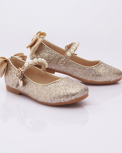 PERLA-SHOES-V95B-GLITTER GOLD-PEARL STRAP + BACK BOW