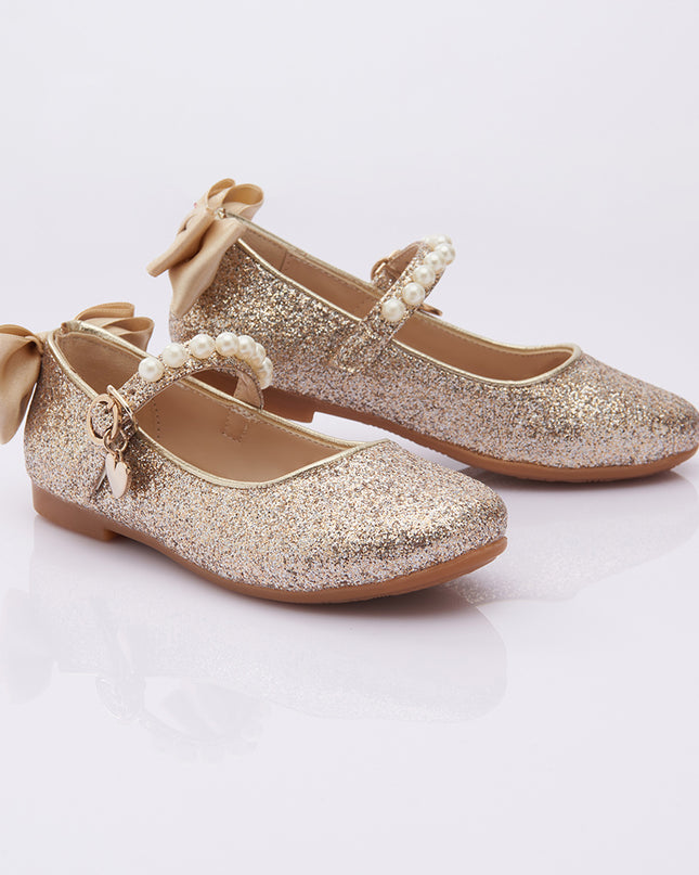 PERLA-SHOES-V95B-GLITTER GOLD-PEARL STRAP + BACK BOW