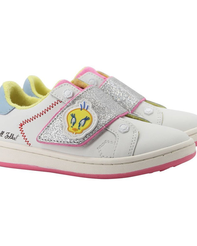 MOA-MLT546-SILVER GLITTER TWEETY VELCRO STRAP SHOES