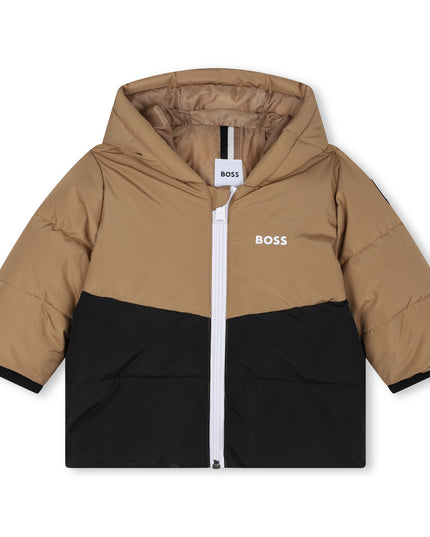 Beige Colorblock Logo Puffer Jacket