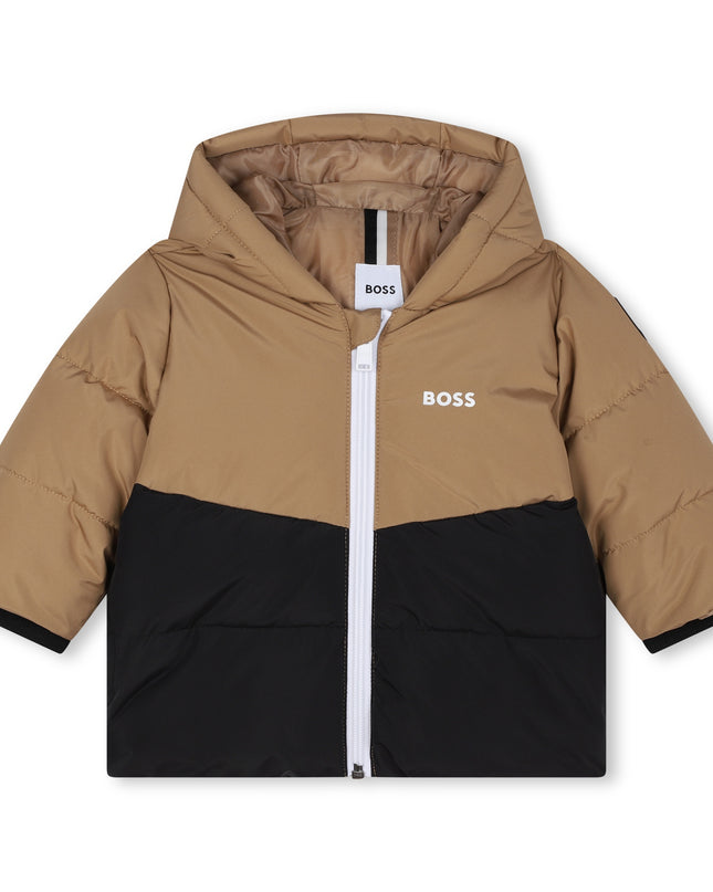 Beige Colorblock Logo Puffer Jacket