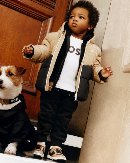 Beige Colorblock Logo Puffer Jacket