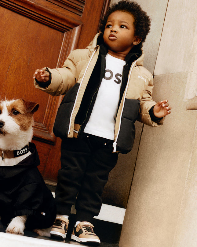 Beige Colorblock Logo Puffer Jacket
