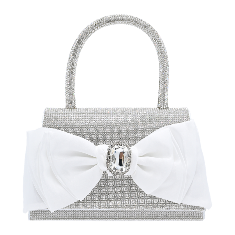 White Bow Accented Silver Rhinestone Handbag