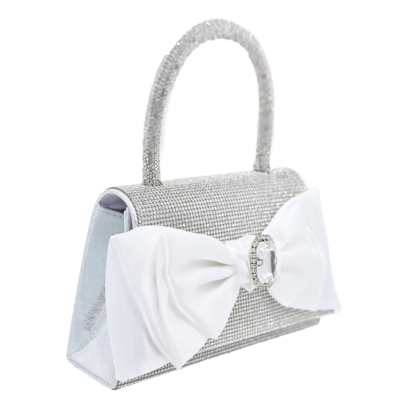 White Bow Accented Silver Rhinestone Handbag