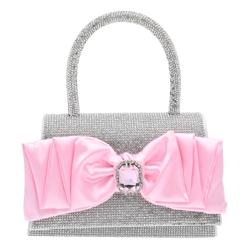 Pink Bow Accented Silver Rhinestone Handbag