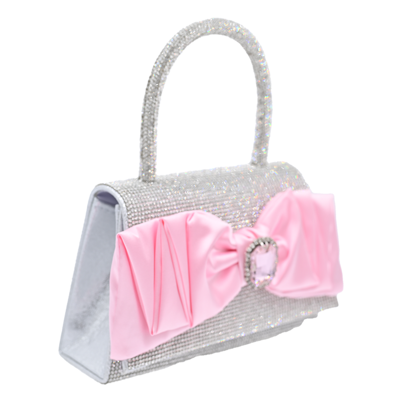 Pink Bow Accented Silver Rhinestone Handbag