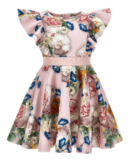 Pink Floral Neoprene Ruffle Dress