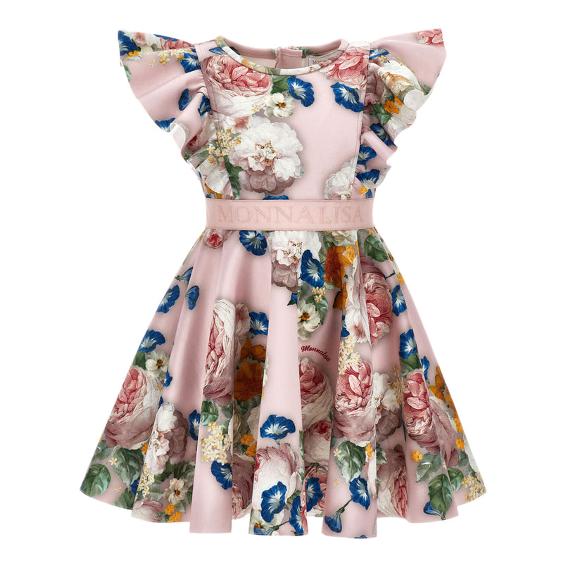 Pink Floral Neoprene Ruffle Dress